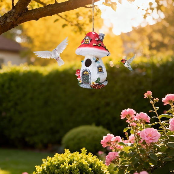 Mushroom House Bird House & Bird Feeder,Hand-Painted Resin Birdhouse, Whimsical Garden Decor for Patio, Yard & Outdoor Decor