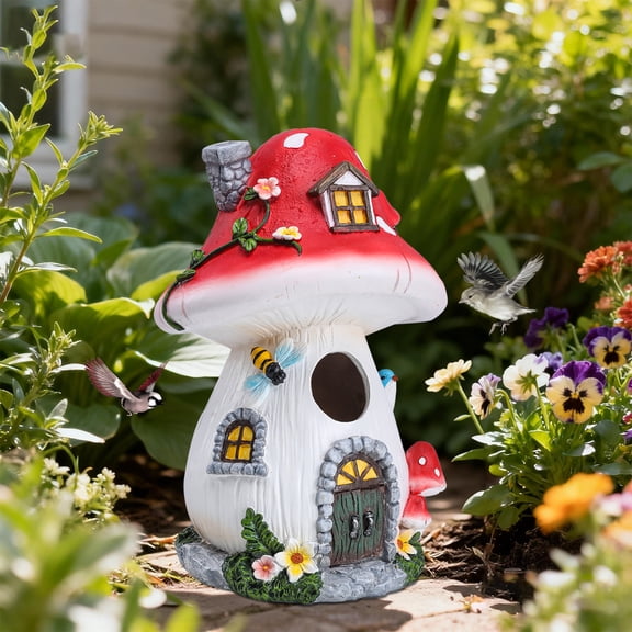 Mushroom House Bird House & Bird Feeder,Hand-Painted Resin Birdhouse, Whimsical Garden Decor for Patio, Yard & Outdoor Decor