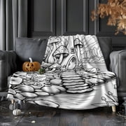 Mushroom House Coloring Throw Blanket - Super Soft Flannel Bedspread for Bed, Sofa, Camping - Magical Forest Bedding Gift for Birthdays &