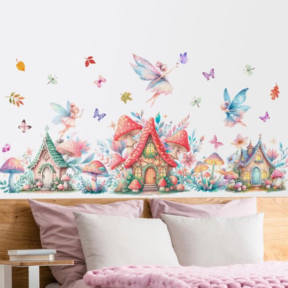 Mushroom House Fairy Wall Decals Cute Elf Flowers Butterflies Wall Stickers Removable Princess Rainbow Castles Wall Art Garden Plant Grass Vinyl Peel and Stick Wallpaper for Kids Bedroom Decor