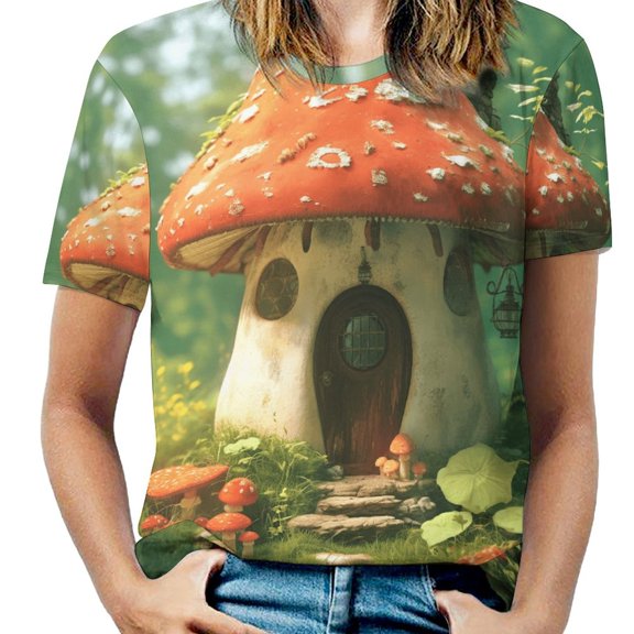 Mushroom House Fantasy-1 Womens Tops Women's Fashion Casual Short Sleeve Flower Print Round Neck Pullover Top Blouse