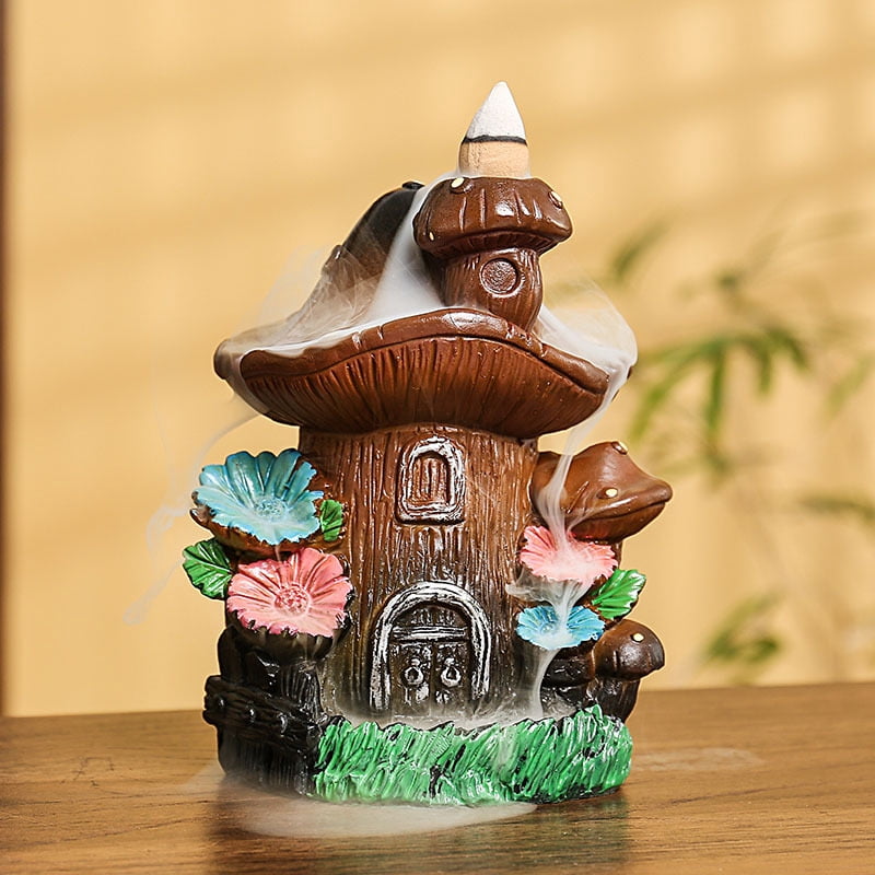 Mushroom House Incense Aromatherapy Burner Home Crafts Decoration Creative Waterfall Smoke Aromatherapy Holder for Yoga Room Office Living Room Decor