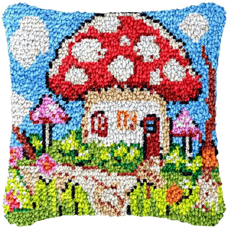 Mushroom House Latch Hook Pillow Cover Kits for Needlework Cushion Throw Pillow Cross Stitch Crochet Hook Pillowcase Rug Kits Printed Canvas Crochet Yarn Kits Needlework 17'' X 17''