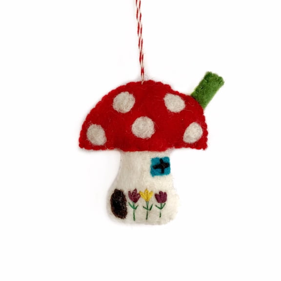 Mushroom House Ornament - Felt Wool Fair Trade Christmas Decor Handmade in Nepal
