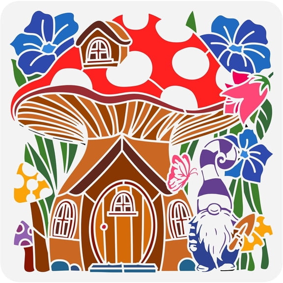 Mushroom House Stencil for Painting 11.8x11.8inch Large Gnome Elf Painting Stencil Reusable Butterfly Flowers Drawing Template Fantasy Forest Stencil for Painting on Wood Canvas Fabric DIY