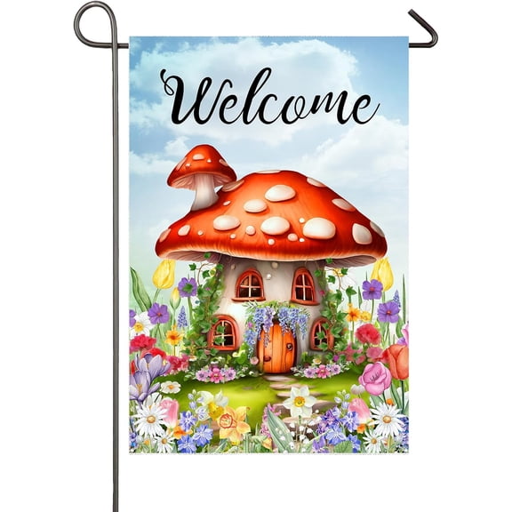 Mushroom House Welcome Garden Flag, Double Sided Outdoor Yard Flag, Fairy Mushroom Cottagecore Decor for Porch or Garden, 12 x 18 Inch
