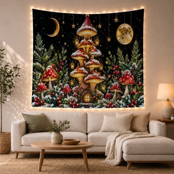 Mushroom House in Winter Forest Night, Whimsical Fantasy for Nature Lovers, Enchanted Forest Wall Art, Christmas Gift, Tapestry Wall Hanging for Bedroom and Living Room