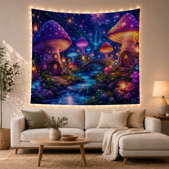 Mushroom Houses in an Enchanted Forest at Night Mystical Fantasy for Fantasy Decor Lovers Magical Forest Wall Art Housewarming Gift Tapestry Wall Hanging for Living Room and Bedroom