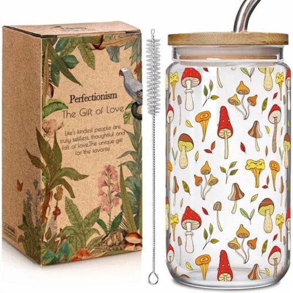 Mushroom Iced Coffee Glass Cups with Bamboo Lids & Straws, Gift for Mushroom Lovers Women Mom Wife Best Friend