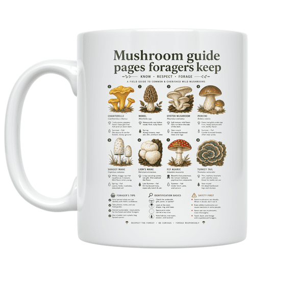 Mushroom Identification Guide - Foraging Enthusiast - 11 oz Ceramic Coffee Mug