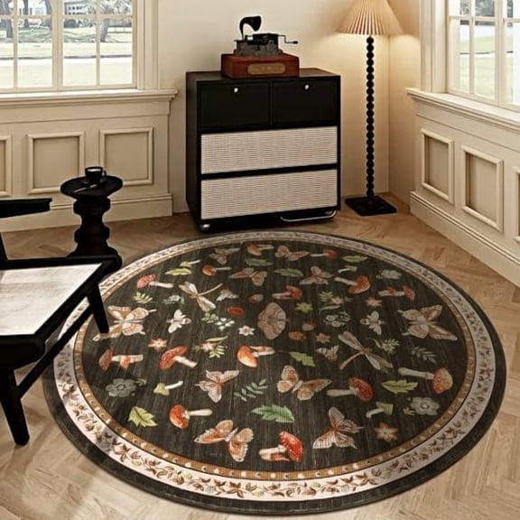 Mushroom Insect 3ft Round Rug Washable Non-Slip Soft Ultra-Thin Small Boho Circle Carpet for Entryway Kitchen Bedroom Nursery Dining Room Brown
