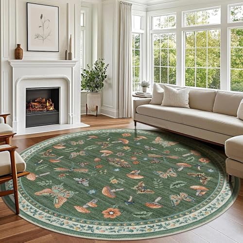 Mushroom Insect 6ft Round Rug Washable Non-Slip Soft Ultra-Thin Boho Circle Carpet for Living Room Bedroom Kitchen Nursery Dining Room Green