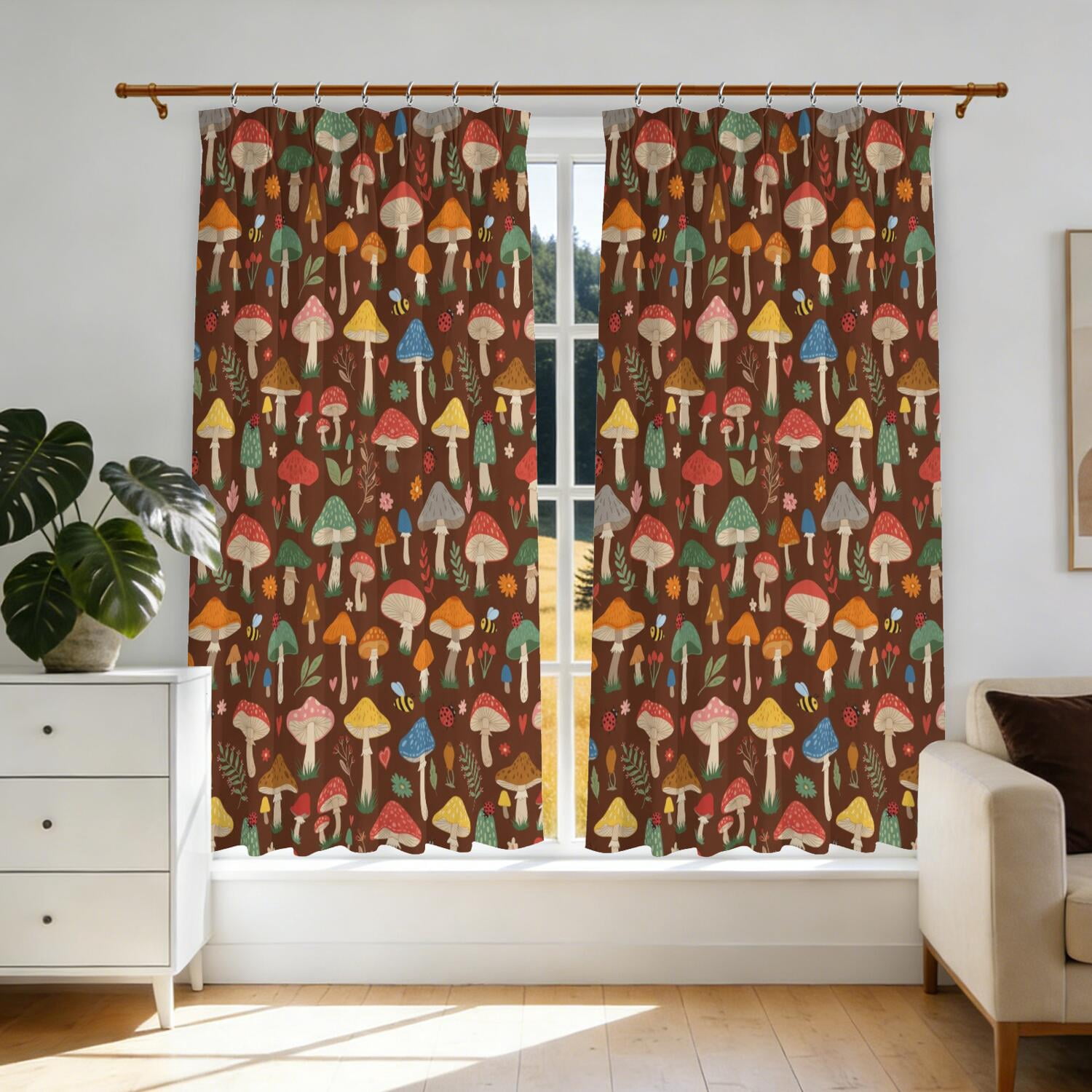 Mushroom and Insect Brown Pattern Pinch Pleated Blackout Curtains, Room ...