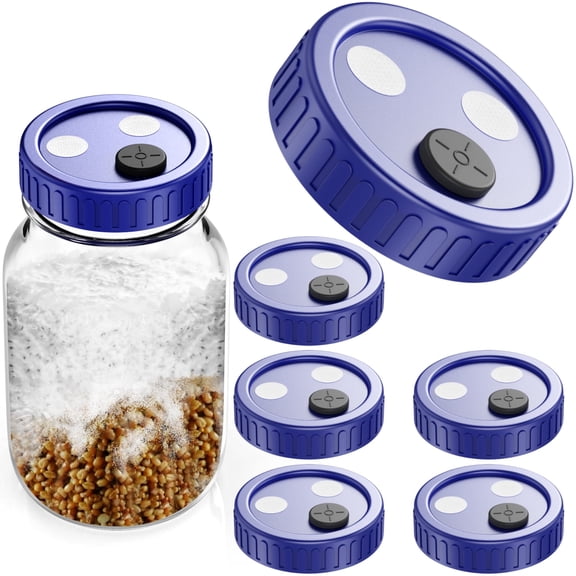 Mushroom Jar Liquid Culture Lid Food Grade Plastic Grain Spawn Cultivation Regular Mouth Mason Jar Lid with PTFE Filter & Self Healing(70mm Blue,6pcs)