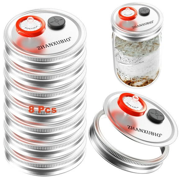 Mushroom Jar Liquid Culture Lid Wide Mouth Food Grade Plastic Grain Spawn Cultivation Mason Jar Lid with PTFE Membrane & Self Healing Injection Ports For Mushroom(86mm Silver,8pcs)