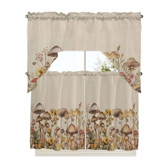 Mushroom Kitchen Curtain and Valance Set 3 Pieces,Rod Pocket Short Tier Curtains 36 Inch Length,Farmhouse Summer Botanical Floral Rustic Swag Topper Small Window Treatment for Cafe Bathroom Bedroom