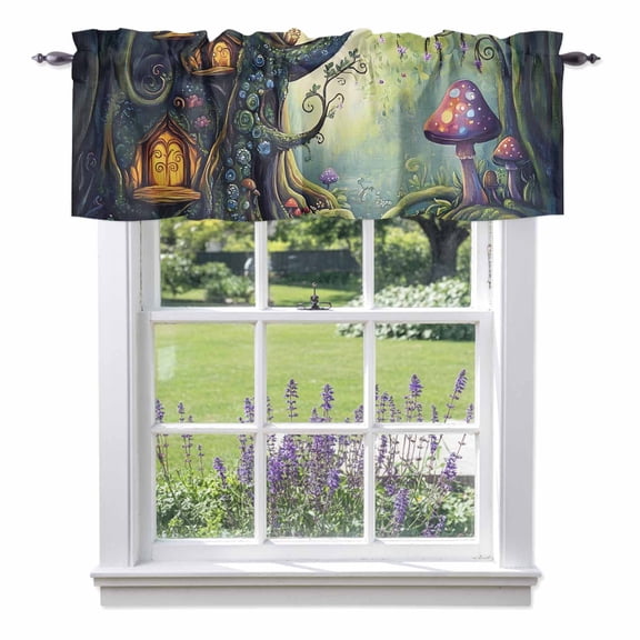 Mushroom Kitchen Curtain Valances for Windows Farmhouse Short Curtains, Dream Forest Wooden Cottage Floral Plant Rod Pocket Valance Curtain for Bedroom Cafe Living Room 42"x12"