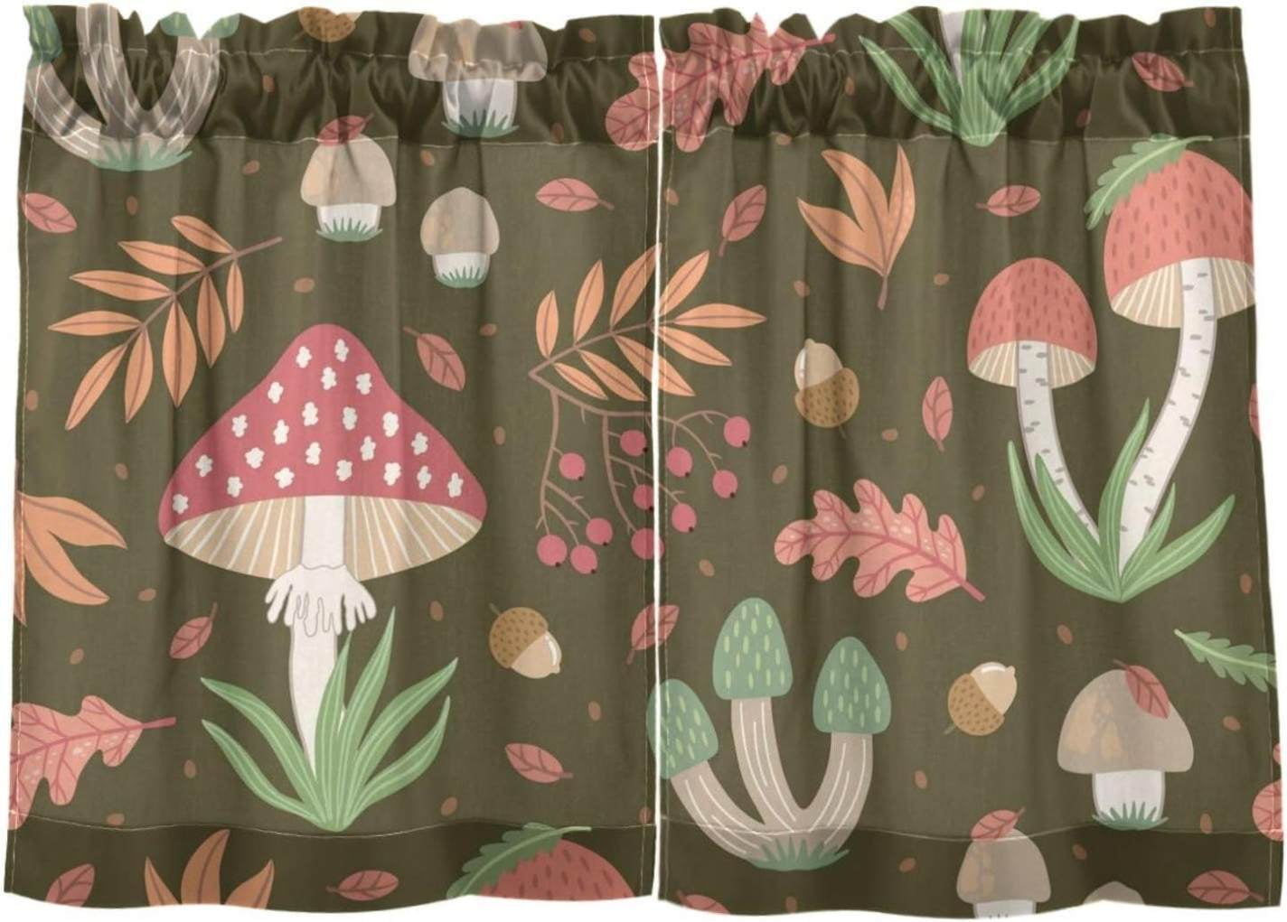 Mushroom Kitchen Curtains 2 Panels UV Protected Tier Curtains, Half