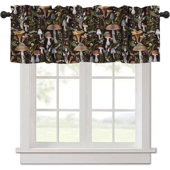Mushroom Kitchen Curtains, Botanical Wild Herbs Leaves Valance for Kitchen Windows, Mushroom Print Small Short Curtains Window Treatments Valance for Kitchen Cafe, 54x18 Inch, 1 Panel