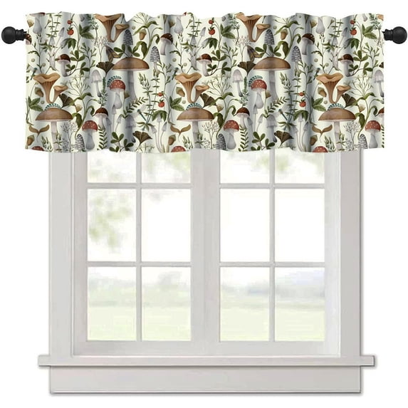Mushroom Kitchen Curtains, Botanical Wild Herbs Leaves Valance for Kitchen Windows, Mushroom Print Small Short Curtains Window Treatments Valance for Kitchen Cafe, 54x18 Inch, 1 Panel