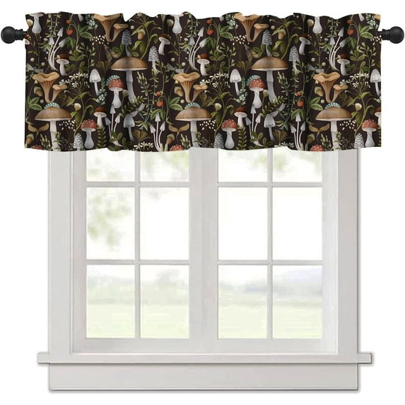 Mushroom Kitchen Curtains, Botanical Wild Herbs Leaves Valance for Kitchen Windows, Mushroom Print Small Short Curtains Window Treatments Valance for Kitchen Cafe, 54x18 Inch, 1 Panel