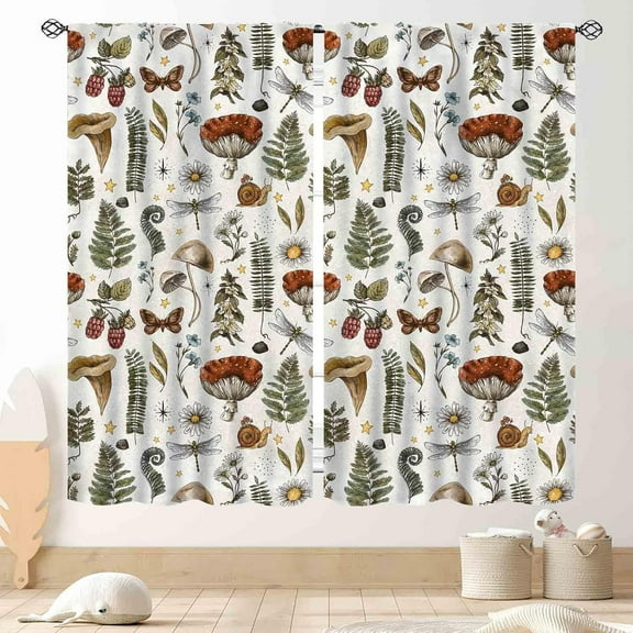 Mushroom Kitchen Curtains, Farmhouse Country Wild Floral Botanical Mushroom Cottagecore Nature Plants Herbs Retro Window Curtains for Bedroom Living Room 2 Panel Sets, 84"x63" Inch