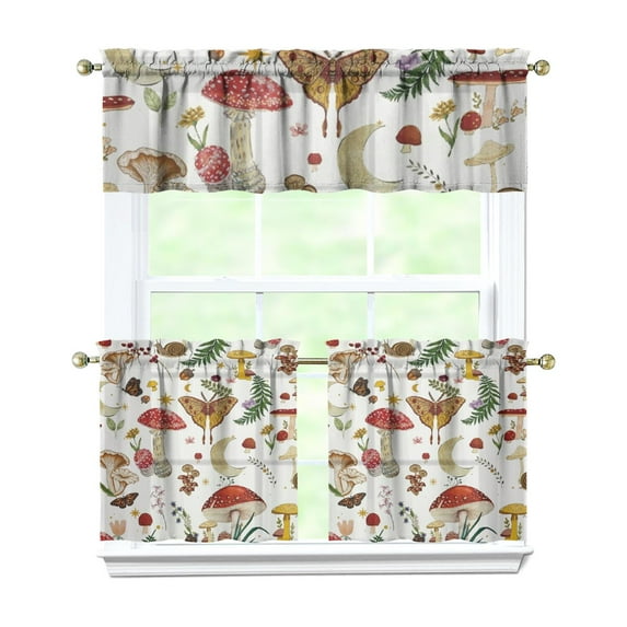 Mushroom Kitchen Curtains Set, Boho Mushroom Rod Pocket Tier and Valance, Vintage Mushroom and Magical Forest Mushrooms Design, Light Filtering Panels