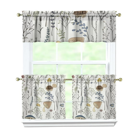 Mushroom Kitchen Curtains Set, Boho Mushroom Rod Pocket Tier and Valance, Vintage Mushroom and Magical Forest Mushrooms Design, Light Filtering Panels