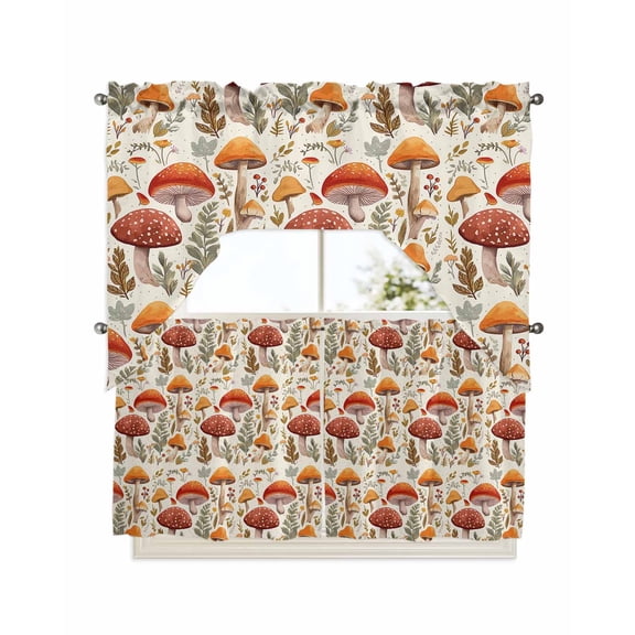 Mushroom Kitchen Curtains Swag Valance and Tier Curtains Set 24 Inch Length, Fall Thanksgiving Mushroom Maple Leaf Botanical Rod Pocket Drape Panels Pair Swag Curtains for Bathroom/Cafe/Window
