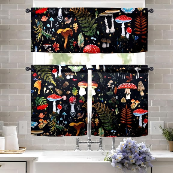 Mushroom Kitchen Curtains and Valances Set - 3 Piece Curtains 36 Inch Length Sets with Valance for Windows Rod Pocket Mushroom Kitchen Decor Decorations