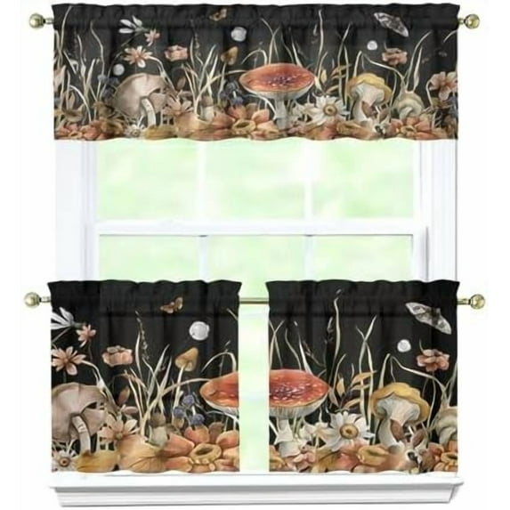 Mushroom Kitchen Curtains Valances and Tiers Set for Windows,Vintage Bathroom Window Curtain Valance 3 Piece Sets,Kitchen Decor for Living Room,54"x 24"