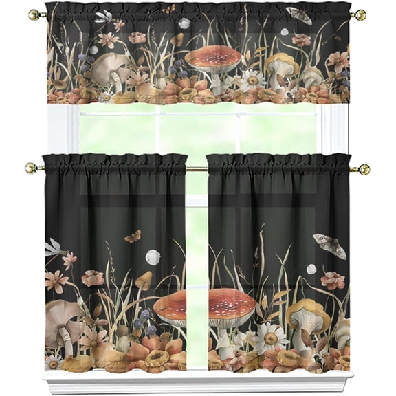 Mushroom Kitchen Curtains Valances and Tiers Set for Windows,Vintage Bathroom Window Curtain Valance 3 Piece Sets,Kitchen Decor for Living Room,54''''x 36''''