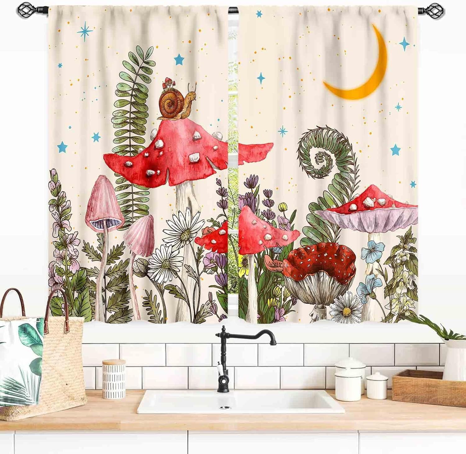 Mushroom Kitchen Curtains, Wild Floral Botanical Mushroom Cottagecore Nature Plants Herbs Blackout Window Curtains for Bedroom Living Room Fairy Forest Beige Drapery 2 Panel Sets, 55x39 Inch