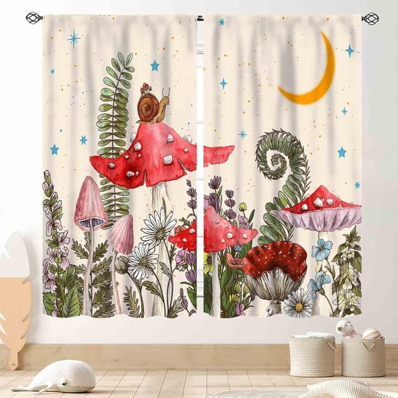 Mushroom Kitchen Curtains, Wild Floral Botanical Mushroom Cottagecore Nature Plants Herbs Blackout Window Curtains for Bedroom Living Room Fairy Forest Beige Drapery 2 Panel Sets, 84"x63" Inch