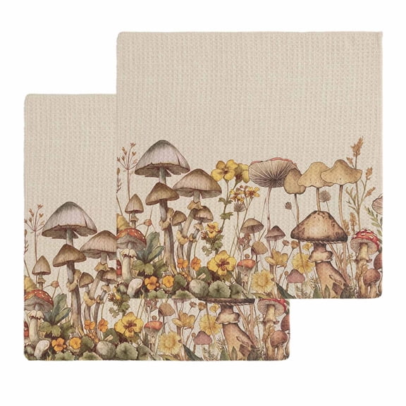 Mushroom Kitchen Dish Towels for Drying Dishes Set of 2, Farmhouse Summer Botanical Floral Rustic Waffle Weave Microfiber Hand Tea Bathroom Towels Quick Dry & Absorbent Towel 12x12
