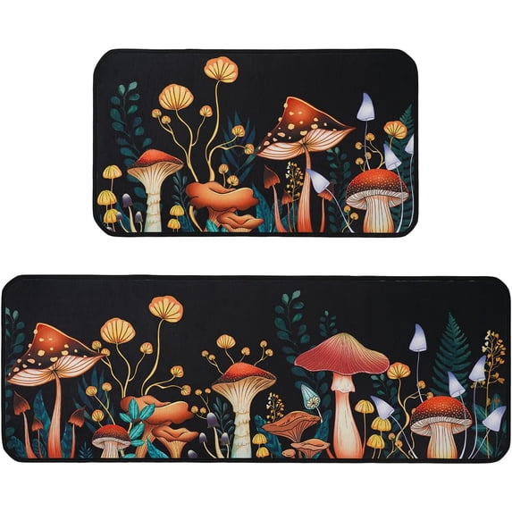 Mushroom Kitchen Mat Set of 2, Mushroom Kitchen Decor, Black Farmhouse Mushroom Kitchen Rugs, Mats for Kitchen Sink Floor, Kitchen Rugs and Mats Non-Skid Washable, Mushroom Kitchen Accessories Stuff