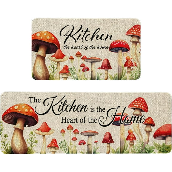 Mushroom Kitchen Rug Sets 2 Piece Farmhouse Kitchen Mats for Floor Non Slip Washable Thin Kitchen Area Rug Floor Mat Waterproof Hallway Laundry Room Runner Rug