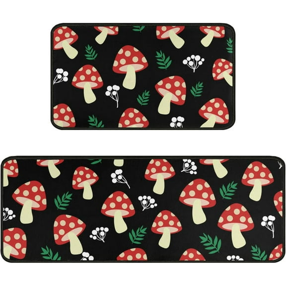 Mushroom Kitchen Rugs and Mats Set of 2,Spring Summer Kitchen Decoration Rubber Backing Non-Slip Absorbent Kitchen Mats for Sink,Waterproof Runner Rug for Laundry Room,17x30+17x48inch