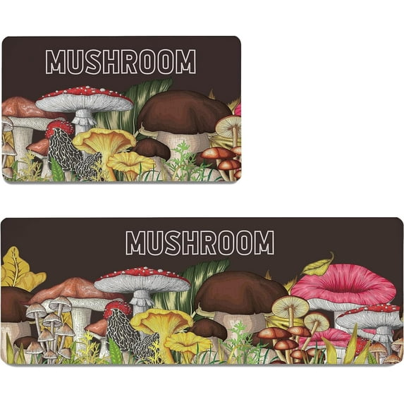 Mushroom Kitchen Rugs Set of 2 Anti-Fatigue 2/5 Inch Thick Black Modern Kitchen Floor Mats Memory Foam Non Slip Waterproof Comfort Standing PVC Mat Decor for Sink Laundry 17.3 x 28+17.3 x 47 Inches