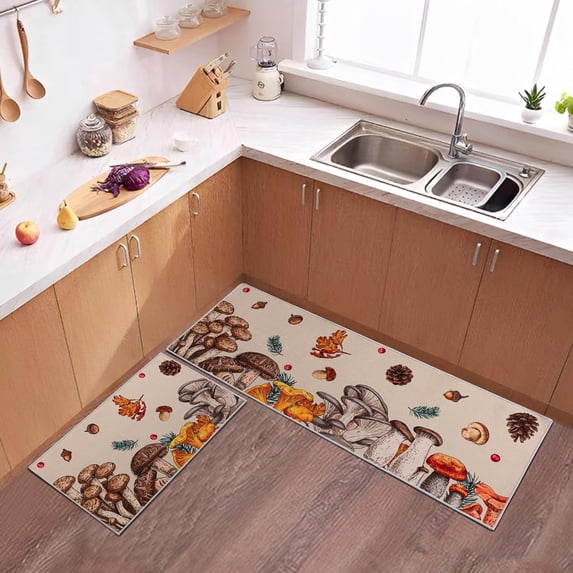 Mushroom Kitchen Rugs Sets of 2, Kitchen Mats for Floor, Washable Non Slip Rubber Backing Kitchen Mats for Kitchen, Sink & Laundry, Mushroom Kitchen Cottagecore Decor, 17"x30"+17"x47"