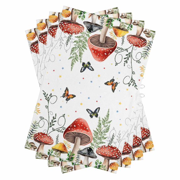 Mushroom Kitchen Towels Set of 4, Water Absorbent Dish Towel, Butterfly Botanical Star Country Plant White Decorative Hand Towels - Quick Drying Cloth for Cooking Baking, 18x28 Inch