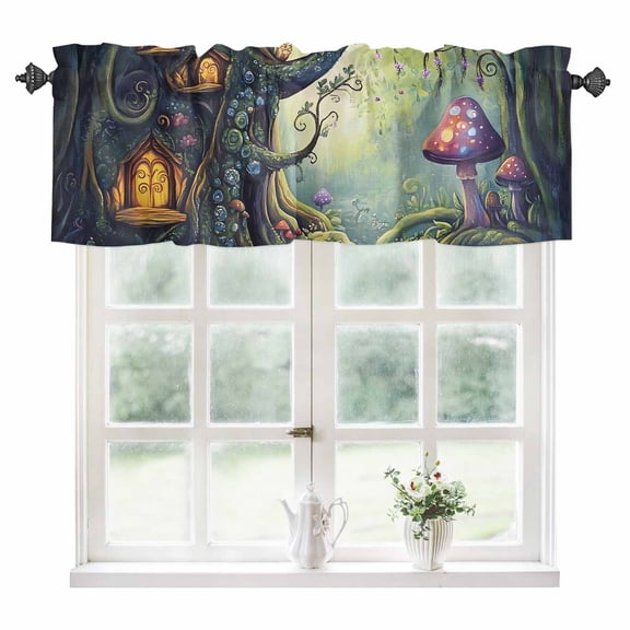 Mushroom Kitchen Valances for Windows 60x18 Inch Kitchen Curtains Valances Rod Pocket Dream Forest Wooden Cottage Floral Plant Bathroom Window Valances for Window Treatment Decor