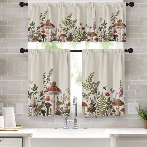 Mushroom Kitchen Window Curtains Valance and Tier Set 36 Inch, Plant Herbs Flower Rod Pocket Short Tier Curtain for Bathroom, Vintage Small Cafe Drapes for Kitchen Decor