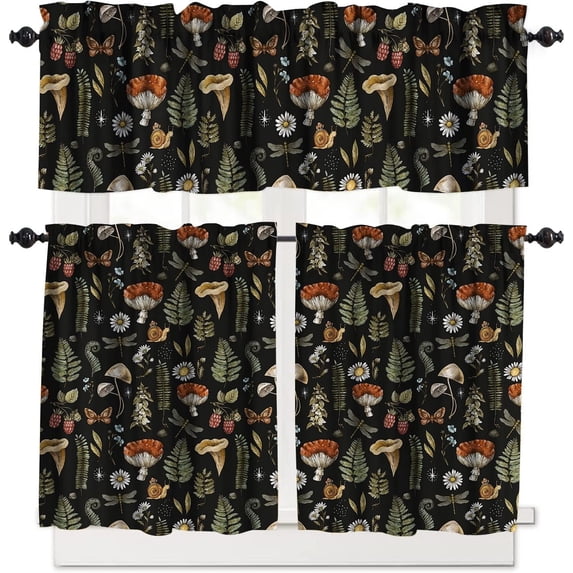 Mushroom Kitchen Window Curtains and Valance 3 Pieces Set,Vintage Woodland Plant Print Bedroom Living Room Cafe Curtain Set