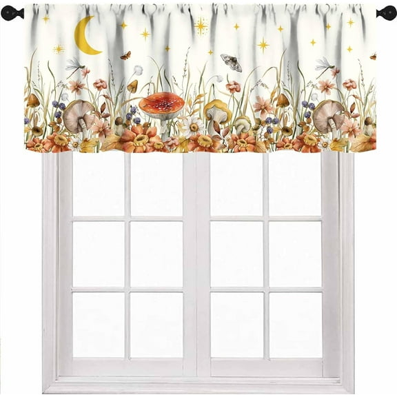 Mushroom Kitvhen Valance,Fantasy Forest Flowers Plants Curtain Toppers Valance for Window,Botanical Wildflower Butterfly Window Drapes for Bathroom Bedroom Living Room 1 Piece,54x18 Inch