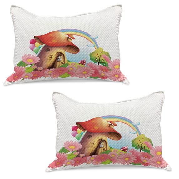 Mushroom Knitted Quilt Pillowcover Set of 2, Little Shroom House in Garden of Flowers Rainbow Fruit Trees Circus Tent Balloons, Standard Queen Pillow Sham Bedroom, 30" x 20", Multicolor, by Ambesonne