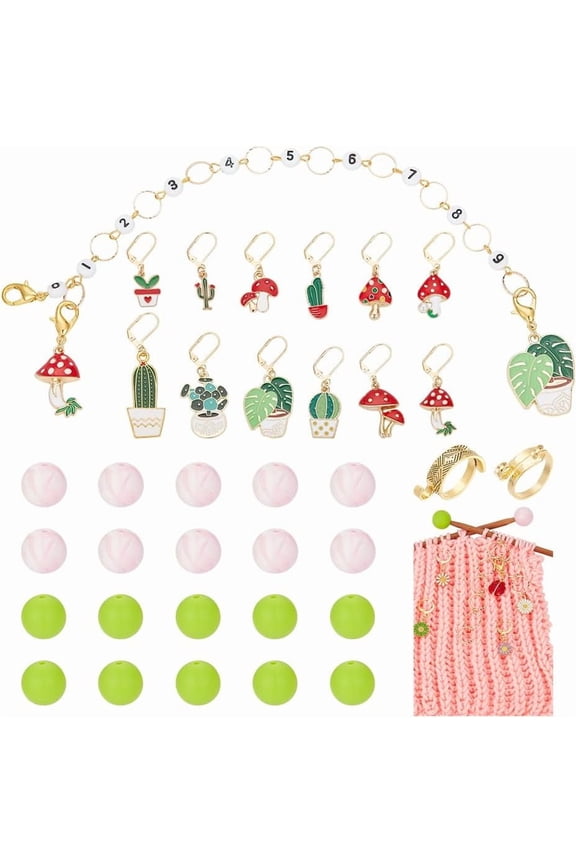 Mushroom Knitting Row Counter Chains 12 Pcs Plants Stitch Markers 20 Pcs Silicone Knitting Needle Stoppers with 2 Pcs Yarn Guide Finger Ring Knitting Tool Sets for DIY Crafting 1set