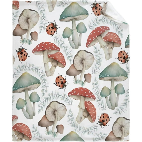 Mushroom Ladybug Leaves Blanket Mushroom Gifts Blanket Super Soft Flannel Blankets for Bed Sofa Living Room Bed Throw Room Decor Mushroom Blankets for Adults Teen Boy Girls 50"x60"