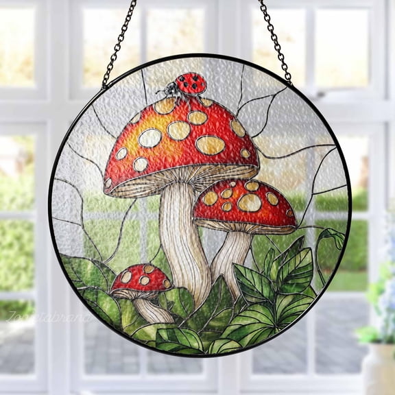 Mushroom Ladybug Stained Glass Suncatcher - Window Hanging,Cottagecore Ornament,Nature Lover Gift,Home Decor