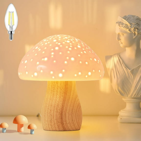Mushroom Lamp - Ceramic Bedside Table Lamp for Bedroom Nightstand, Vintage Cute Small Night Light with LED Bulb Included, Pink Home Decor for Girls Living Room Kids Desk, Light Pink